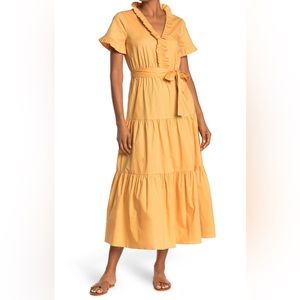 New W/tags DONNA MORGAN Ruffle Neck Bodice Dress Mustard color, size 8